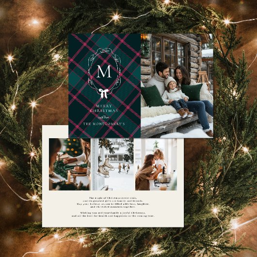 Cartes Pour Fêtes Annuelles Tartan vert et rose | Monogramme de coquette Bow