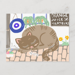 Cartes Pour Fêtes Annuelles Taverne grecque endormie Chat Scène méditerranéenn