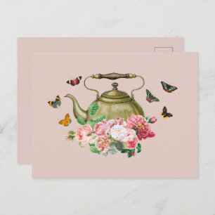 Cartes Pour Fêtes Annuelles Teapot Party rose Floral & Papillons Kettle