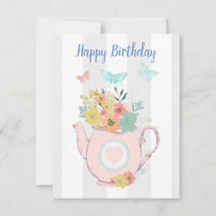 Cartes Pour Fêtes Annuelles Teapot rose avec Fleurs et Papillons Anniversaire