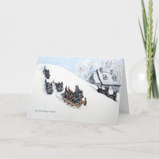 Cartes Pour Fêtes Annuelles Teckels écossais en traîneau (Devant)