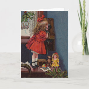 Cartes Pour Fêtes Annuelles Téléphone Antique de Petite Fille de Noël