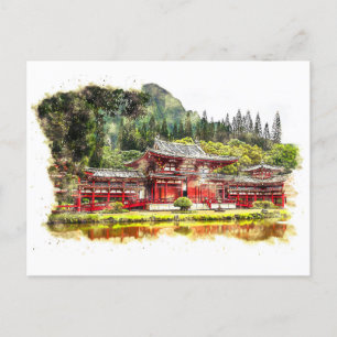 Cartes Pour Fêtes Annuelles Temple japonais dans l'aquarelle de la forêt