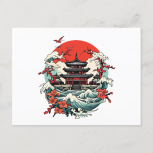 Cartes Pour Fêtes Annuelles Temple japonais sakura fleur et vague