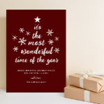 Cartes Pour Fêtes Annuelles Temps le plus merveilleux de l'année Rouge Script<br><div class="desc">Plus Merveilleux temps de l'année Rouge Script non photo Carte de vacances. Envoyez des voeux de vacances personnalisables et personnalisés à vos amis, collègues et famille dans des cartes de style simple, chic, élégant et moderne design photo festif, naturel minimaliste! Ci-dessous la calligraphie présente votre message de voeux personnalisé dans...</div>