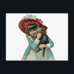 Cartes Pour Fêtes Annuelles Tenir un chaton de Noël<br><div class="desc">Fille inspirée victorienne portant un grand capot rose et tenant un chaton gris.</div>