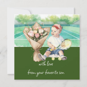 Cartes Pour Fêtes Annuelles Tennis de la fête des mères avec un garçon tenant