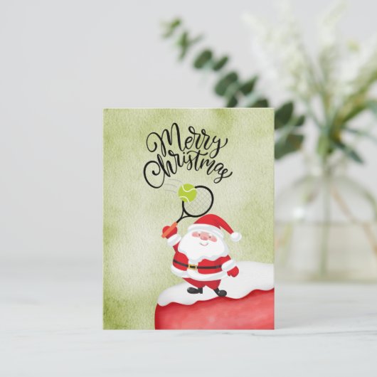 Cartes Pour Fêtes Annuelles Tennis Noël avec le Père Noël aquarelle (Debout devant)