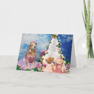 Cartes Pour Fêtes Annuelles Tente Golden Retriever et ours en peluche pour la