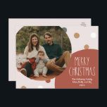 Cartes Pour Fêtes Annuelles Terracotta Rouge Boho Polka Dot Christmas One Phot<br><div class="desc">Cette carte postale de vacances en terre cuite rouge boho polka point Noël une photo est parfaite pour votre accueil de vacances en bohème moderne inspiré de la ferme. La police de caractères rustique classique mais délicate dessinée à la main lui donne un aspect terreux vintage tout en le gardant...</div>