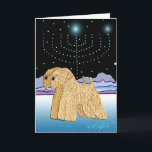 Cartes Pour Fêtes Annuelles "Terriers blonds comme les blés chez Chanukah "<br><div class="desc">" Les terriers blonds comme les blés chez Chanukah" est une conception unique d'art pour les vacances juives "Chanukah, " comportant deux terriers blonds comme les blés enduits mous et un menorah de Hanoukka allumé par les étoiles. Nous avons laissé l'intérieur du blanc de carte pour que vous customisiez. Lumière...</div>