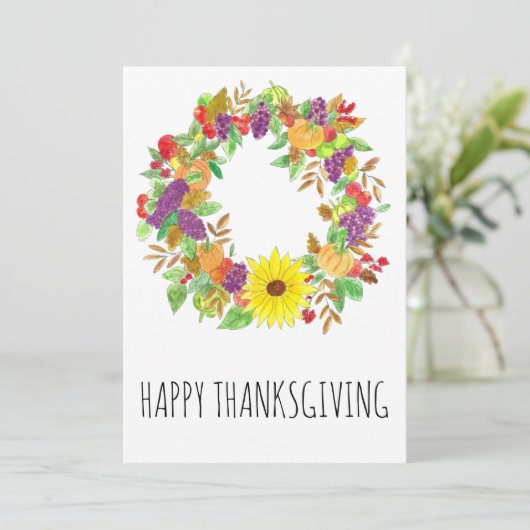 Cartes Pour Fêtes Annuelles Thanksgiving couronne d'automne en aquarelle (Debout devant)