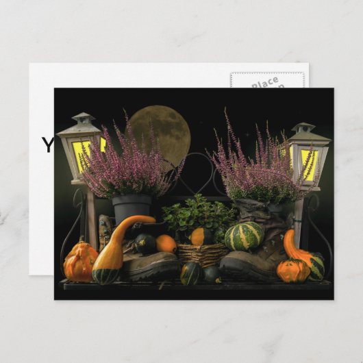 Cartes Pour Fêtes Annuelles Thanksgiving Day Scene with Bench and Fall Harvest (Devant / Derrière)