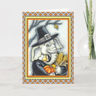 CARTES POUR FÊTES ANNUELLES THANKSGIVING PACHYDERM, THANKFUL PILGRIM ELEPHANT