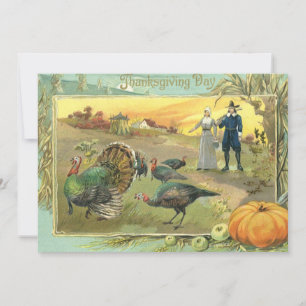 Cartes Pour Fêtes Annuelles Thanksgiving vintage avec des dindes et des pèleri