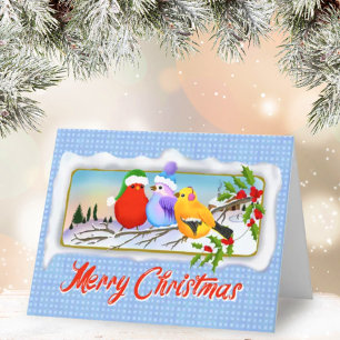 Cartes Pour Fêtes Annuelles Three Christmas Songbirds On Holly Branch