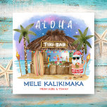 Cartes Pour Fêtes Annuelles Tiki Beach Bar Lune Tropicale Père Noël Mele Kalik<br><div class="desc">Carte de Noël tropicale et carré présente Père Noël profitant d'un séjour dans un bar Tiki sur la plage sous la lune et des étoiles avec des palmiers, des lampadaires de vacances et des salutations hawaïennes "Aloha" et "Mele Kalikimaka". Cocktails tropicaux, ananas, hibiscus et feuilles de palmiers, planche de surf...</div>