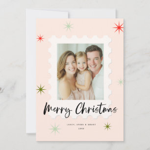 Cartes Pour Fêtes Annuelles Timbre de Noël rose et vert à design classique
