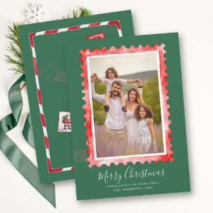 Cartes Pour Fêtes Annuelles Timbre Vintage Rouge Vert Noël Famille