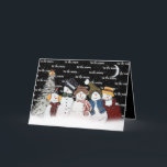 Cartes Pour Fêtes Annuelles 'Tis Season Snowmen In Snowflakes<br><div class="desc">De mignons bonhomme de neige en flocons de neige avec le texte "C'est la saison" sur le noir avec des flocons de neige,  une lune de croissant et un pin blanc. La couleur Arrière - plan peut être modifiée. Le texte peut être modifié.</div>