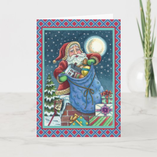 CARTES POUR FÊTES ANNUELLES TOIT PÈRE NOËL SAC DE JOUETS, DOLLHOUSE, HOBBYHORS (Devant)