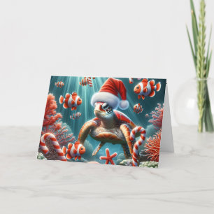 Cartes Pour Fêtes Annuelles Tortue de mer avec Casquette de Noël