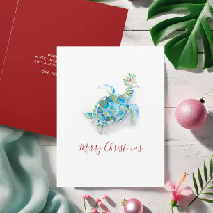 Cartes Pour Fêtes Annuelles Tortue de mer de Noël côtière aquarelle