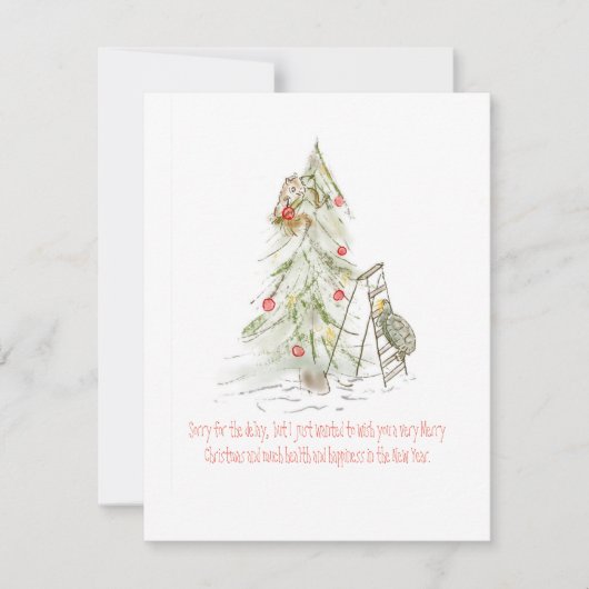 Cartes Pour Fêtes Annuelles Tortue et écureuil avec un arbre de Noël tardif (Devant)