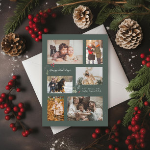 Cartes Pour Fêtes Annuelles Touche de Holly Minimal Photo Collage vert