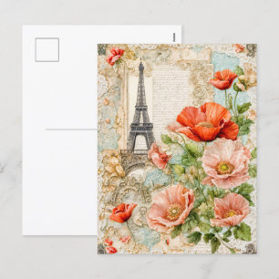 Cartes Pour Fêtes Annuelles Tour Eiffel avec fleurs rouge Populaire