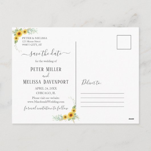 Cartes Pour Fêtes Annuelles Tournesol en bois blanc Enregistrer la date Photo (Dos)