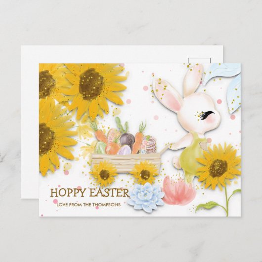 Cartes Pour Fêtes Annuelles Tournesol mûre Lapin Hoppy Blanc Pâques (Devant / Derrière)