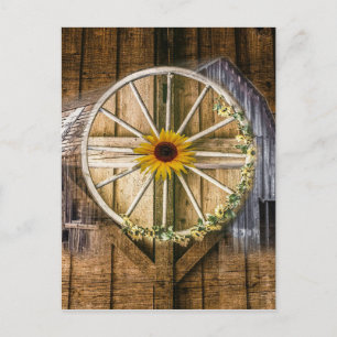 Cartes Pour Fêtes Annuelles Tournesol roue de chariot grange rustique