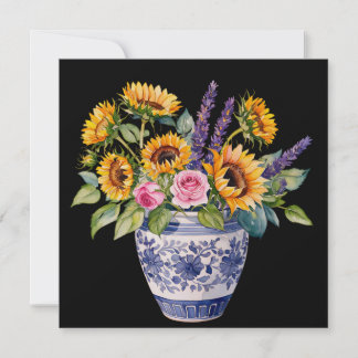 Cartes Pour Fêtes Annuelles Tournesols dans le vase. Aquarelles. 