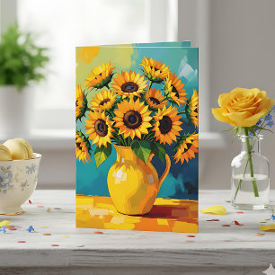 Cartes Pour Fêtes Annuelles Tournesols jaunes dans un vase à l'impasto