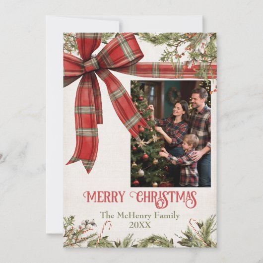 Cartes Pour Fêtes Annuelles Traditional Plaid Red Bow Christmas 5 Photos (Devant)