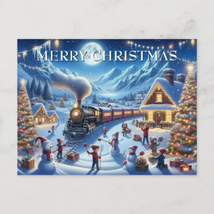 Cartes Pour Fêtes Annuelles Train de Noël arrive dans un village enneigé joyeu