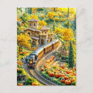 Cartes Pour Fêtes Annuelles Train miniature dans le village de citrouilles dor