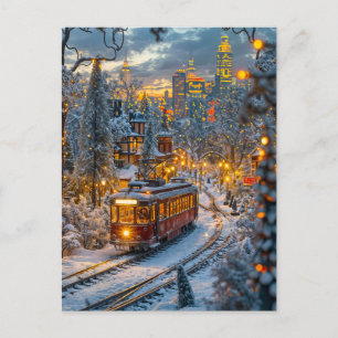 Cartes Pour Fêtes Annuelles Train miniature dans une ville enneigée en hiver