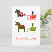 Cartes Pour Fêtes Annuelles Traîneau à cheval Mule Chat en vert et rouge (Debout devant)