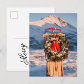 Cartes Pour Fêtes Annuelles Traîneau dans la neige avec couronne de Noël (Devant / Derrière)