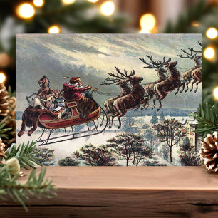 Cartes Pour Fêtes Annuelles Traîneau de rennes du Père Noël rétro vintage