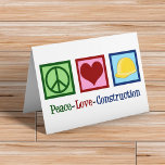 Cartes Pour Fêtes Annuelles Travailleur de construction Peace Love<br><div class="desc">Peace Love Construction Travail. Un cadeau d'entreprise d'ouvriers de la construction cool pour vos ouvriers avec un signe de paix,  un coeur,  et un casquette dur jaune. Un beau cadeau pour obtenir un contremaître à donner à son équipage. De mignons cadeaux d'ouvriers du bâtiment.</div>