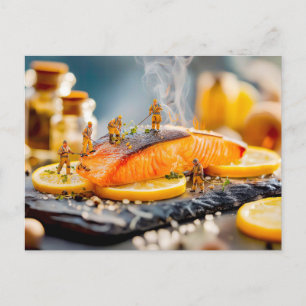 Cartes Pour Fêtes Annuelles travailleurs miniatures grillant du saumon au citr