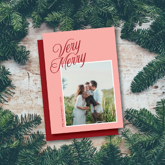 Cartes Pour Fêtes Annuelles Très Joyeux Noël Élégant Script Une Photo Rose