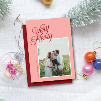 Cartes Pour Fêtes Annuelles Très Joyeux Noël Élégant Script Une Photo Rose