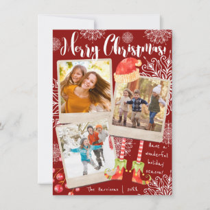 Cartes Pour Fêtes Annuelles Triple Photo Rouge & Blanc Noël Personnalisé