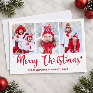 Cartes Pour Fêtes Annuelles Trois Photo Famille Rouge Script Joyeux Noël