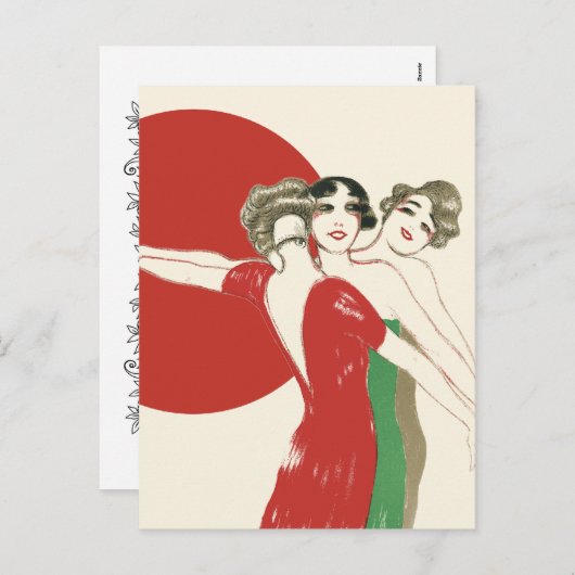 Cartes Pour Fêtes Annuelles TROIS ROSES, Art Déco Dames : VACANCES DE NOËL (Devant / Derrière)