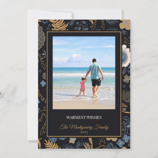 Cartes Pour Fêtes Annuelles Tropical Blue Gold Flowers Warm Wishes